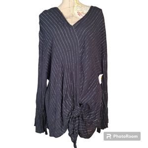 Juicy Couture Size XXL Black Silver Stripe Ruch Front Tie Blouse Whimsigoth Glam
